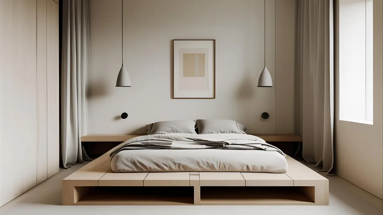 Minimalist bedroom with floating nightstands and clean lines