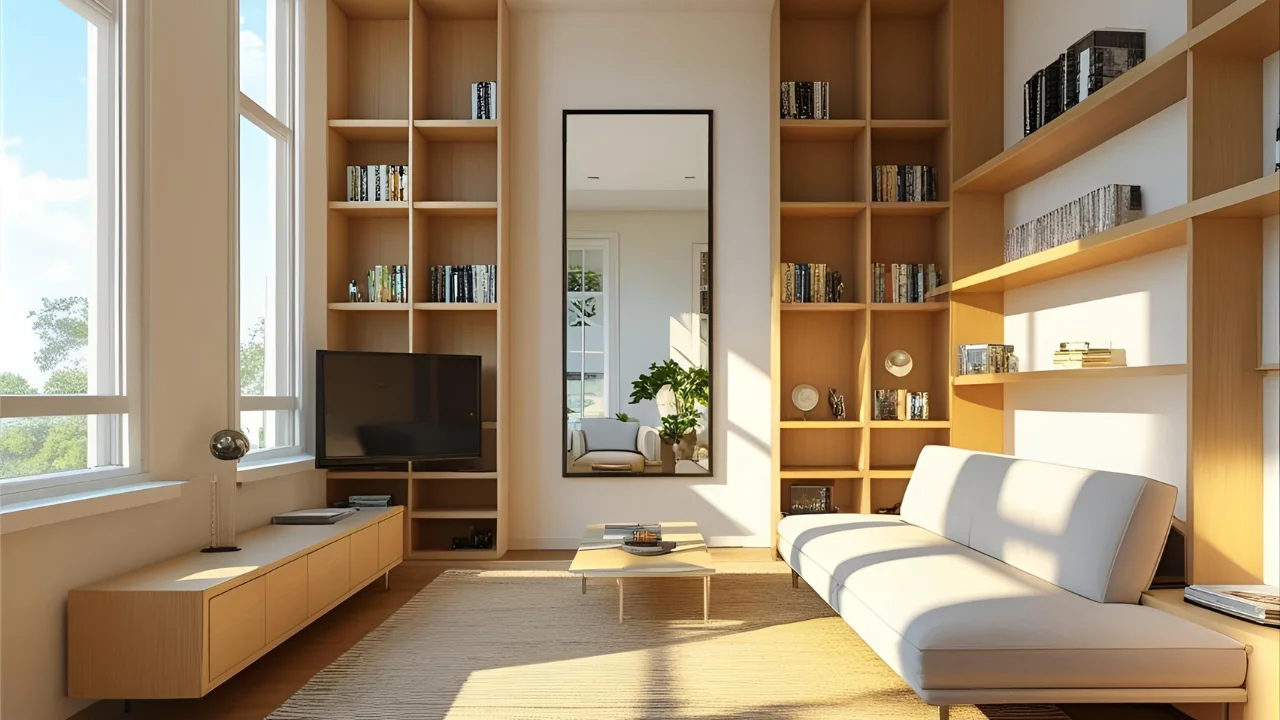 Minimal modern living room with mirror, floating shelves, and open-leg furniture