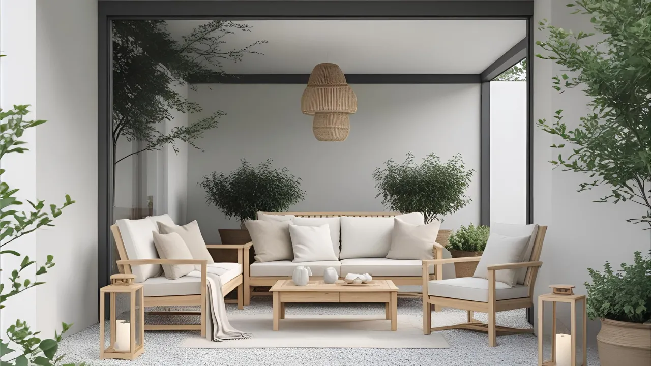 Cozy Scandinavian patio with light wood and greenery