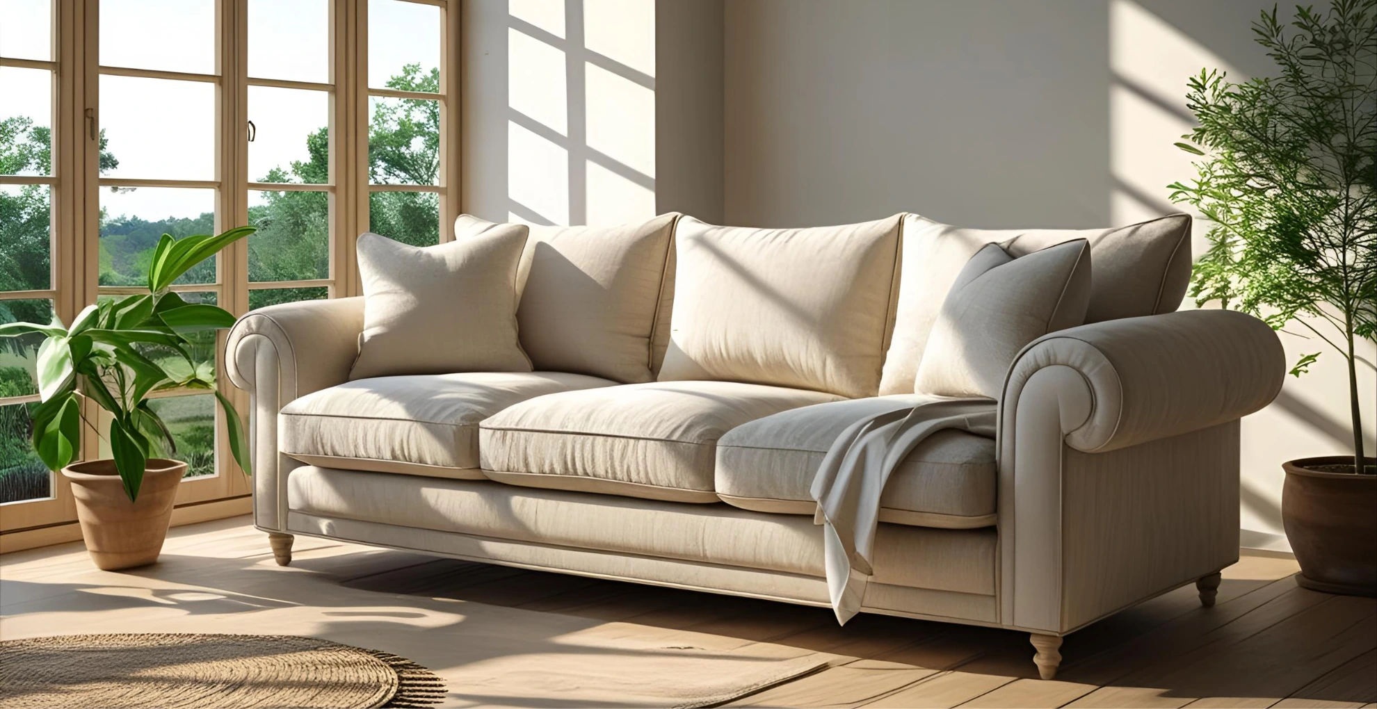 linen-upholstered sofa
