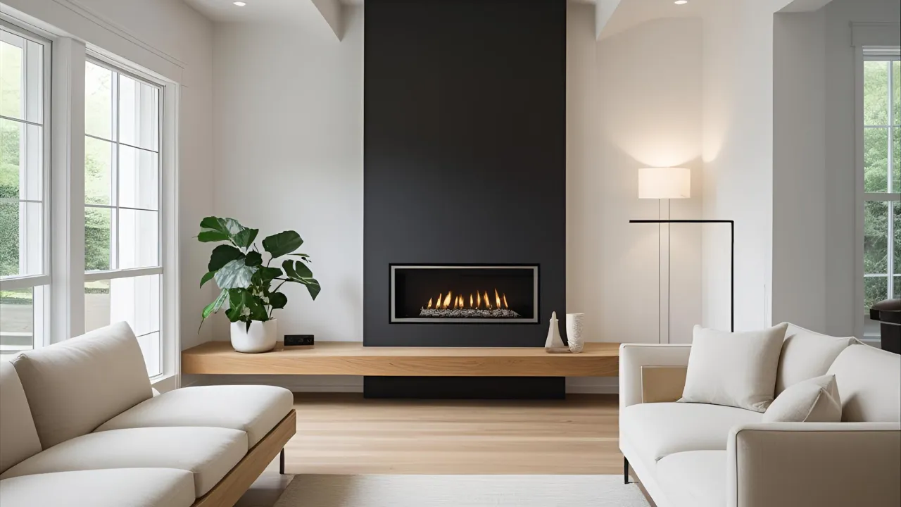 Minimal wall-mounted fireplace with neutral decor.