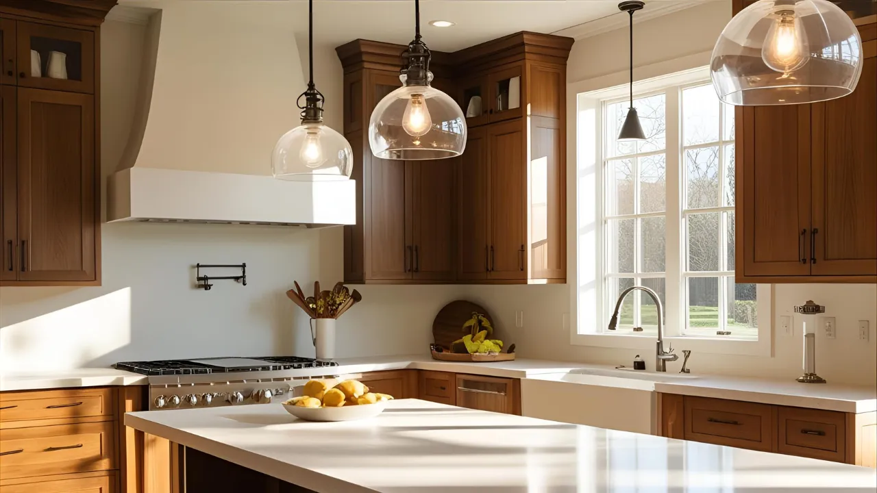 Rustic kitchen with warm pendant lights