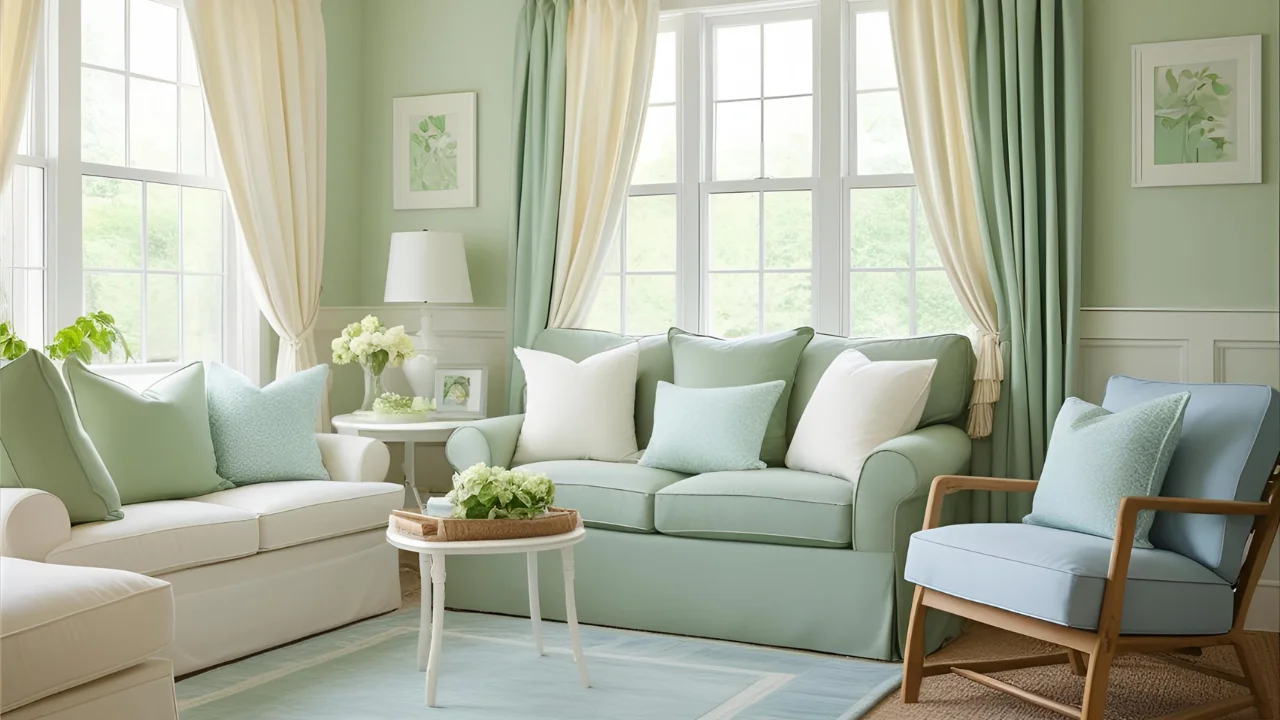 Bright room styled in soft blue, sage, and cream with layered textures