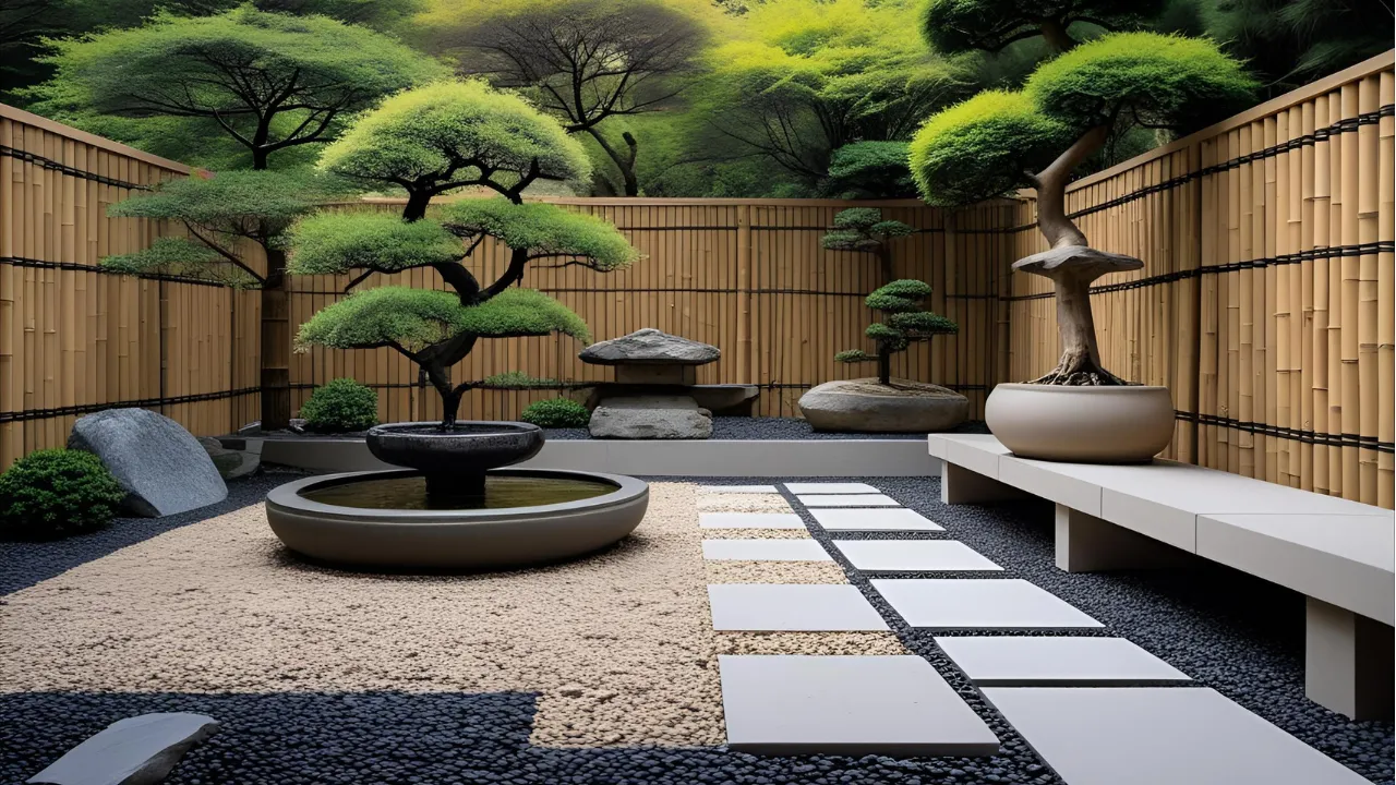 Zen garden patio with bamboo and bonsai