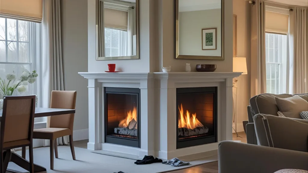 Double-sided fireplace between two rooms.