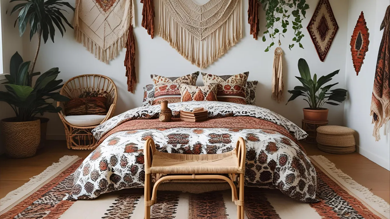 Boho bedroom with layered rugs and woven decor