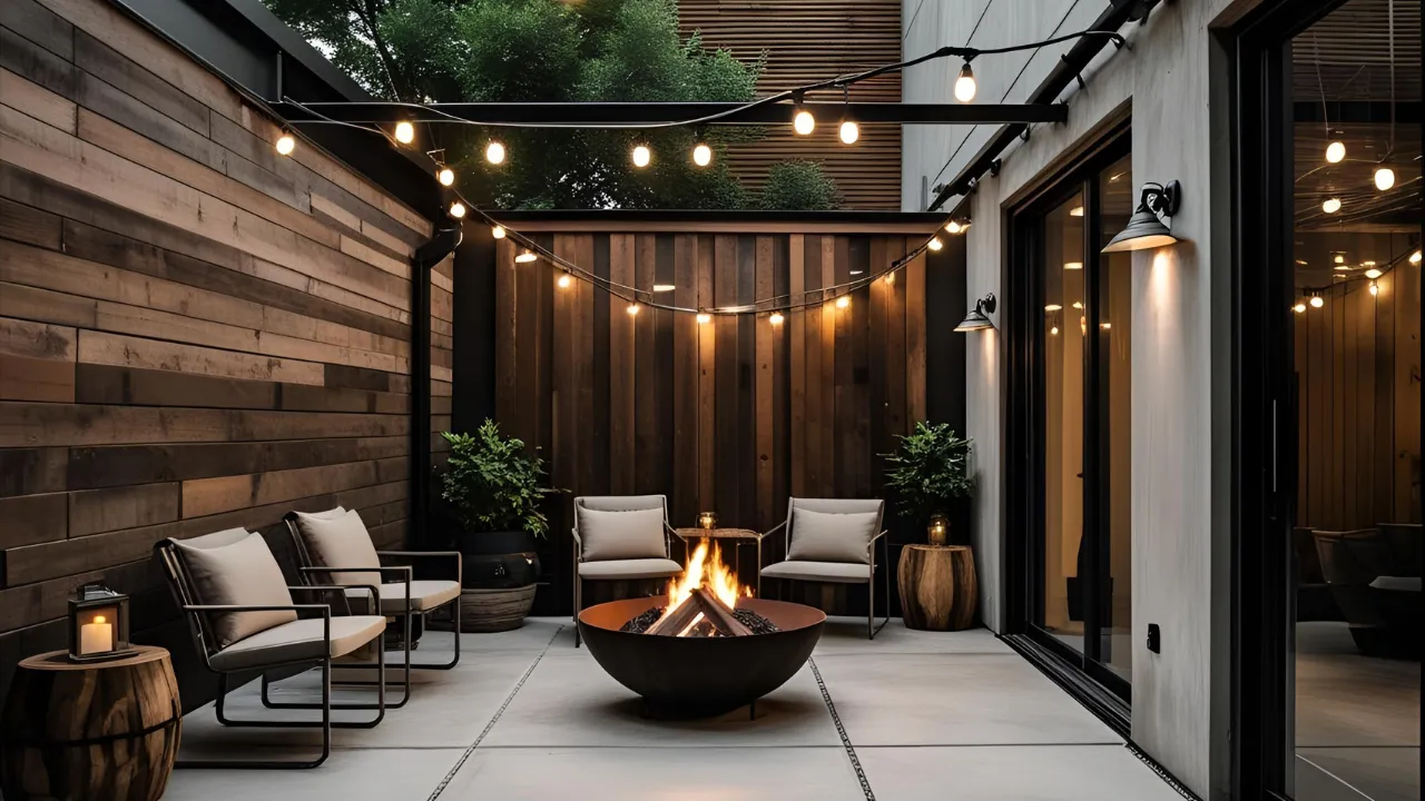 Industrial-style patio with fire pit and metal