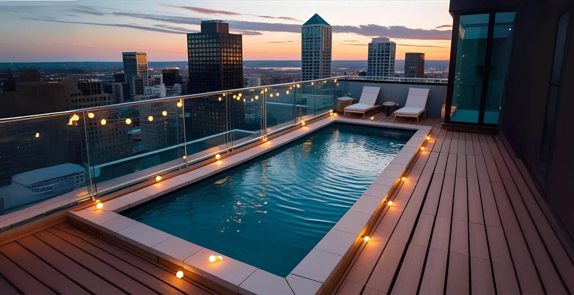 Rooftop pool with city view and deck