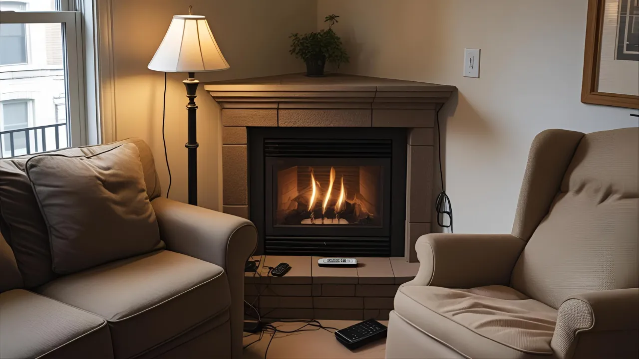Compact corner fireplace with neutral tones.