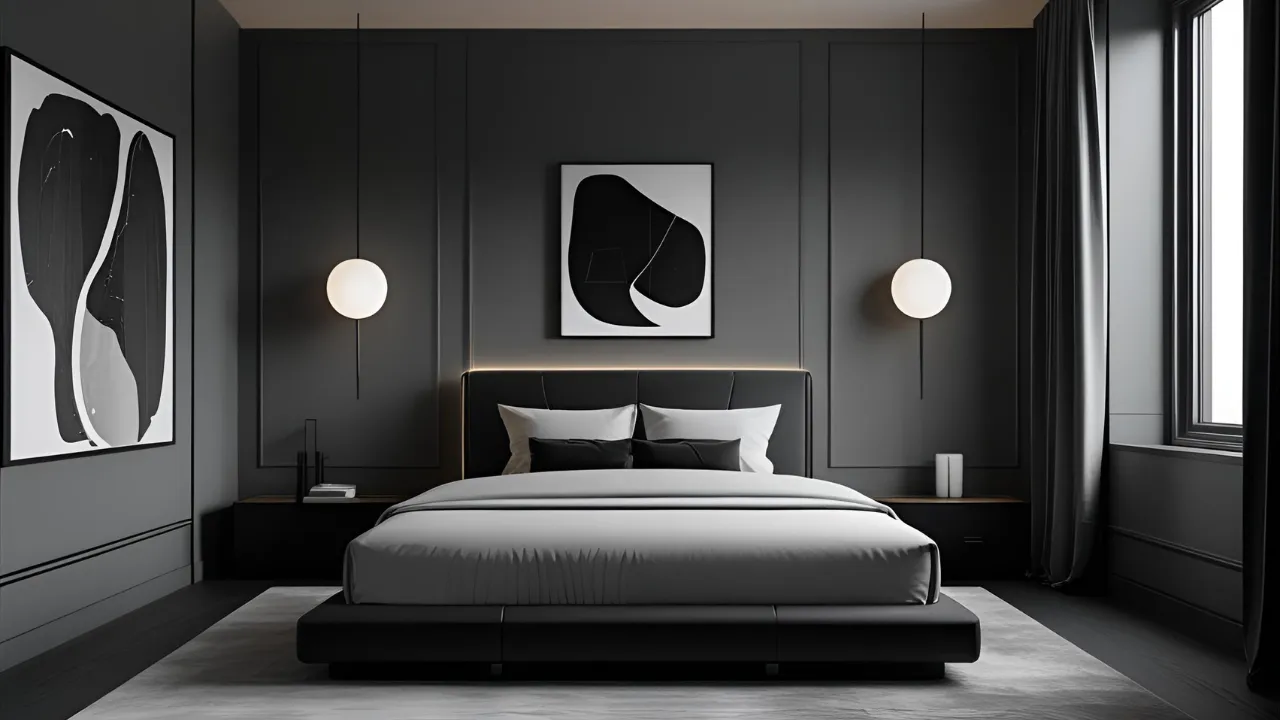 Monochrome bedroom with gray tones and clean layout