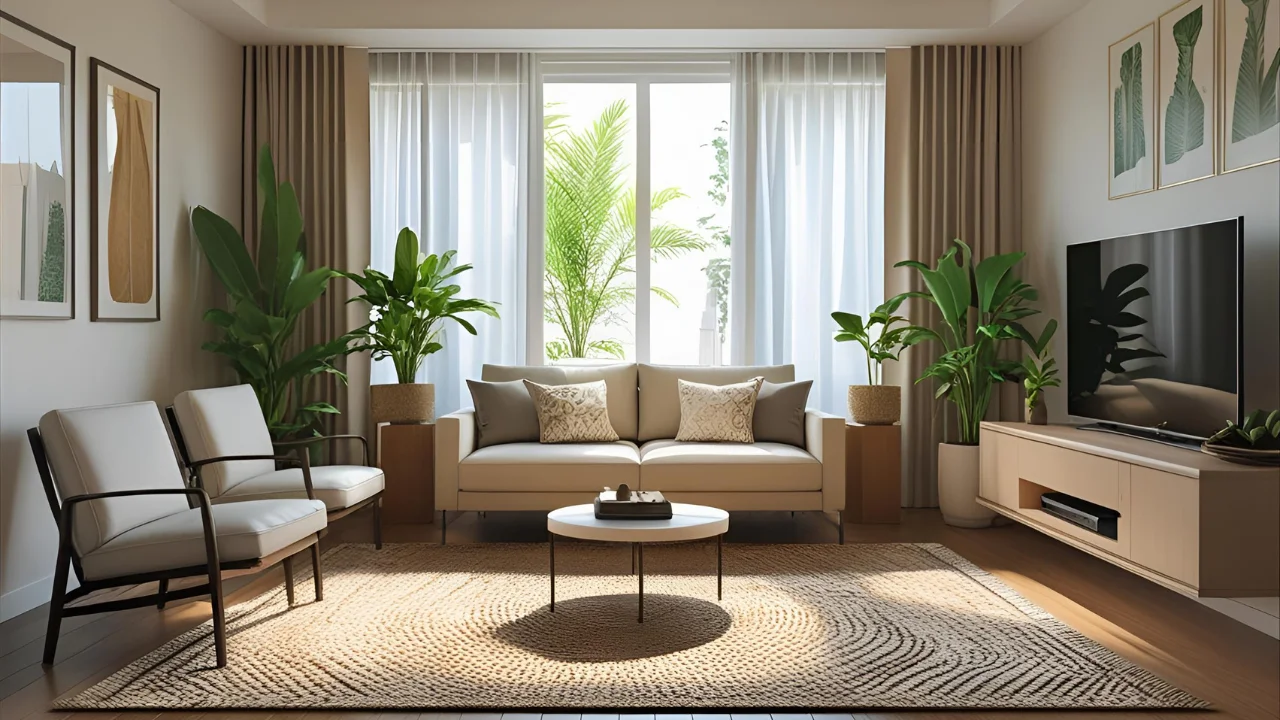 Well-balanced furniture layout with floating sofa and open floor space
