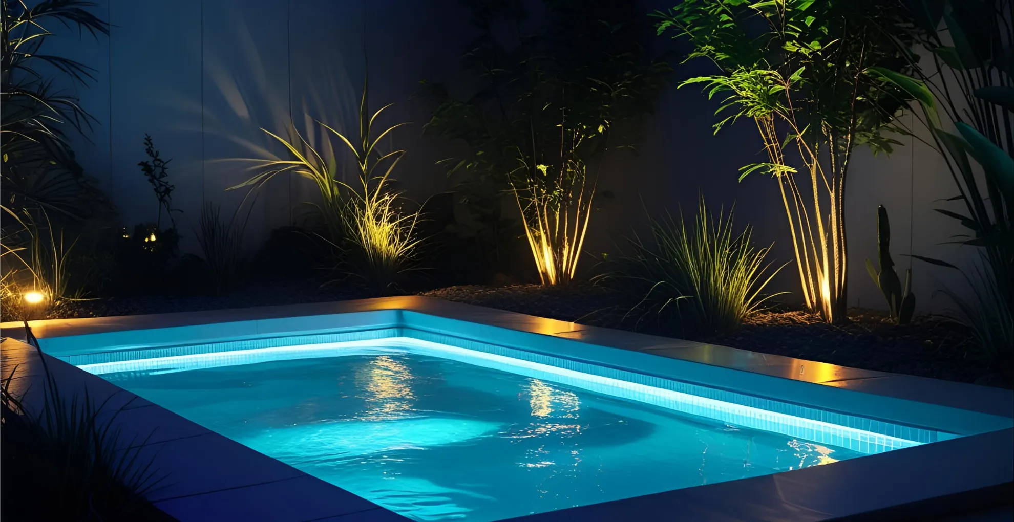 Small night pool glowing with LED lights