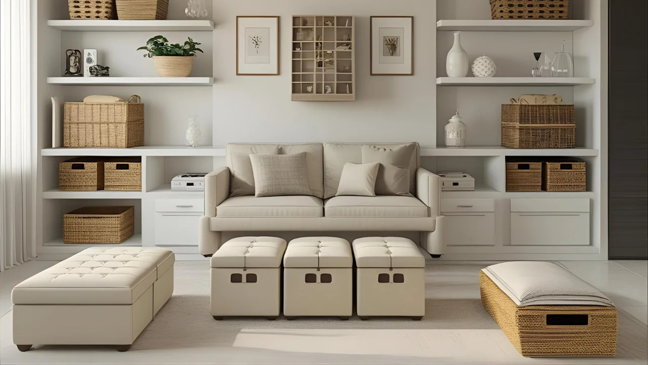 Minimal small living room with hidden storage and floating wall shelves