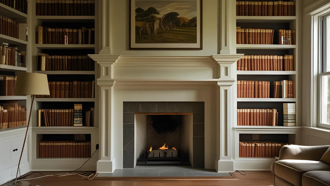 Built-in fireplace with wooden shelving.