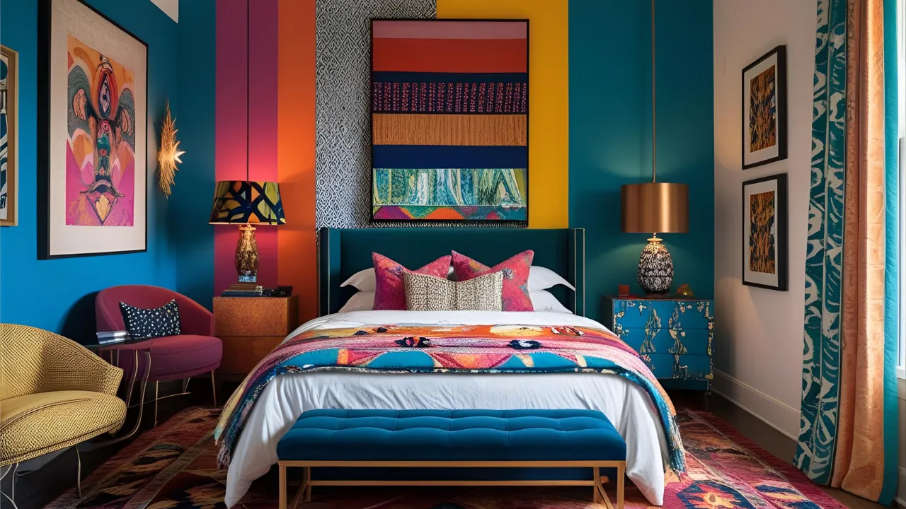 Eclectic bedroom with bold colors and mixed patterns