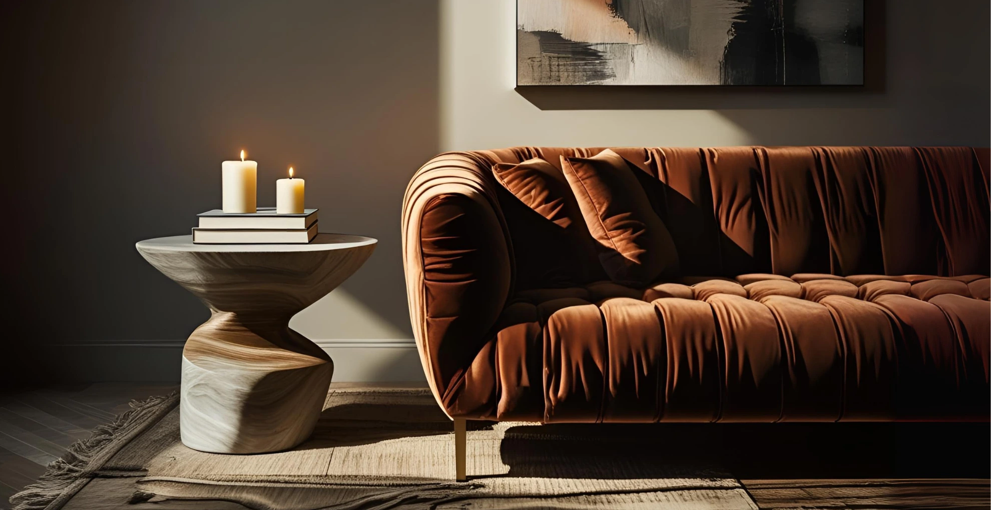 Velvet unique sofa corner with decor and soft lighting