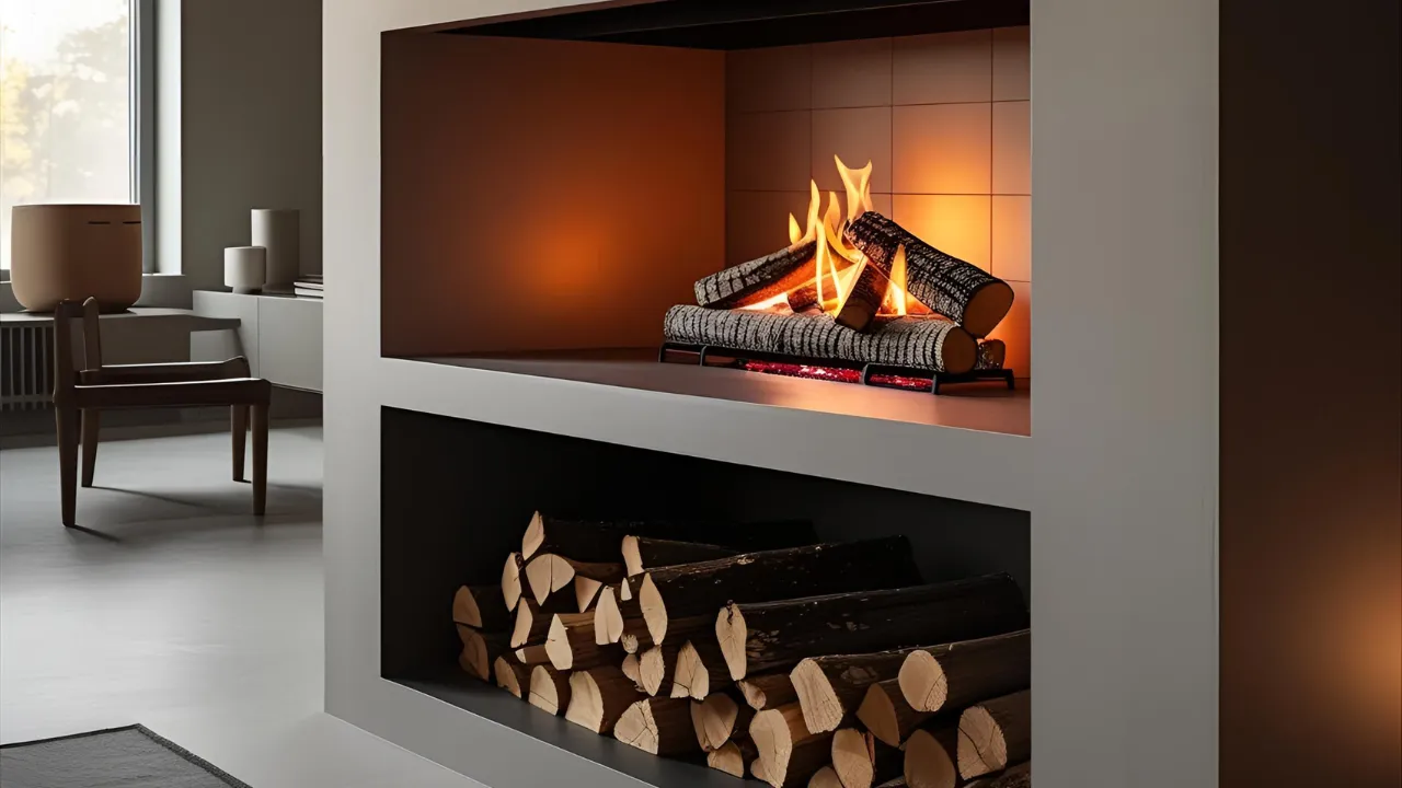 Fireplace with logs stacked beneath hearth.