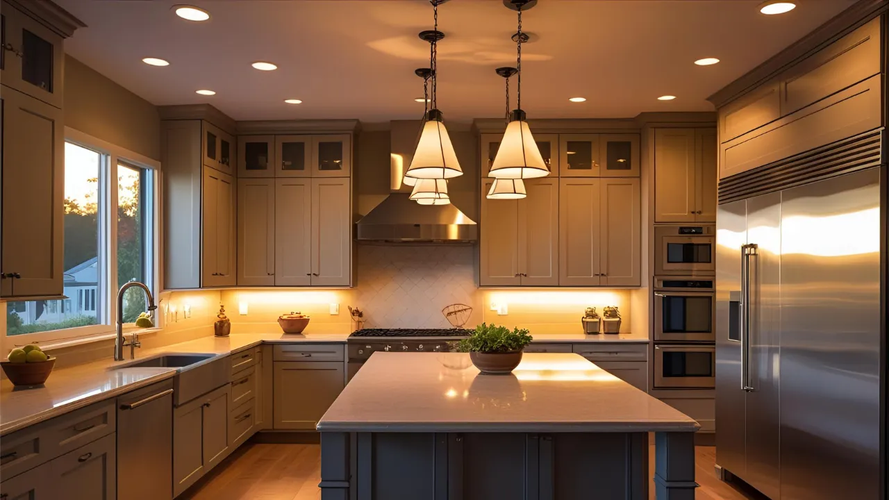 Layered kitchen lighting with multiple sources