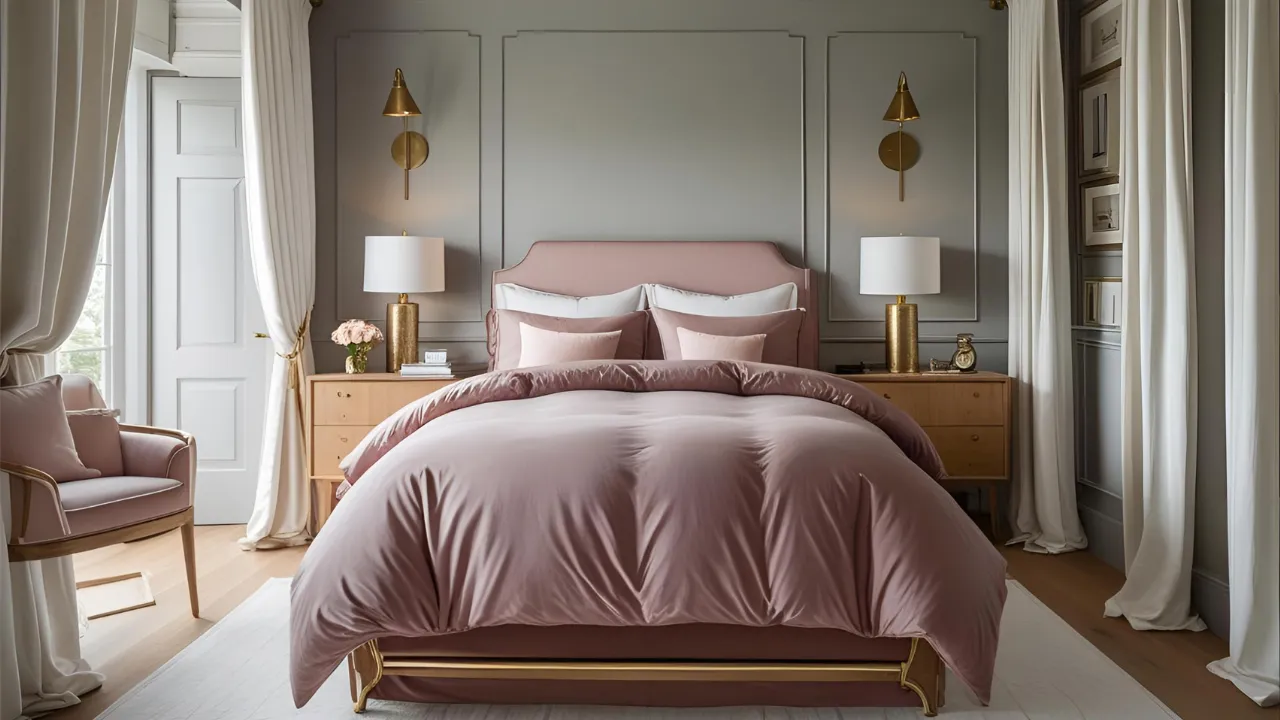 Pastel bedroom with dusty rose and light oak decor