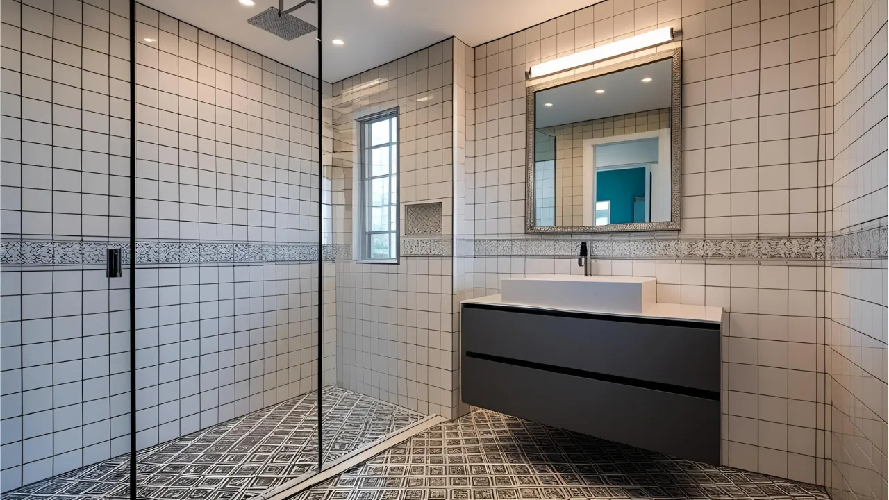 Patterned tile bathroom