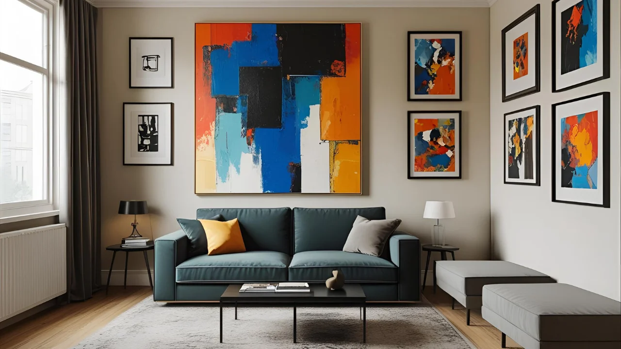 Small room with large abstract wall art and sleek minimalist furniture