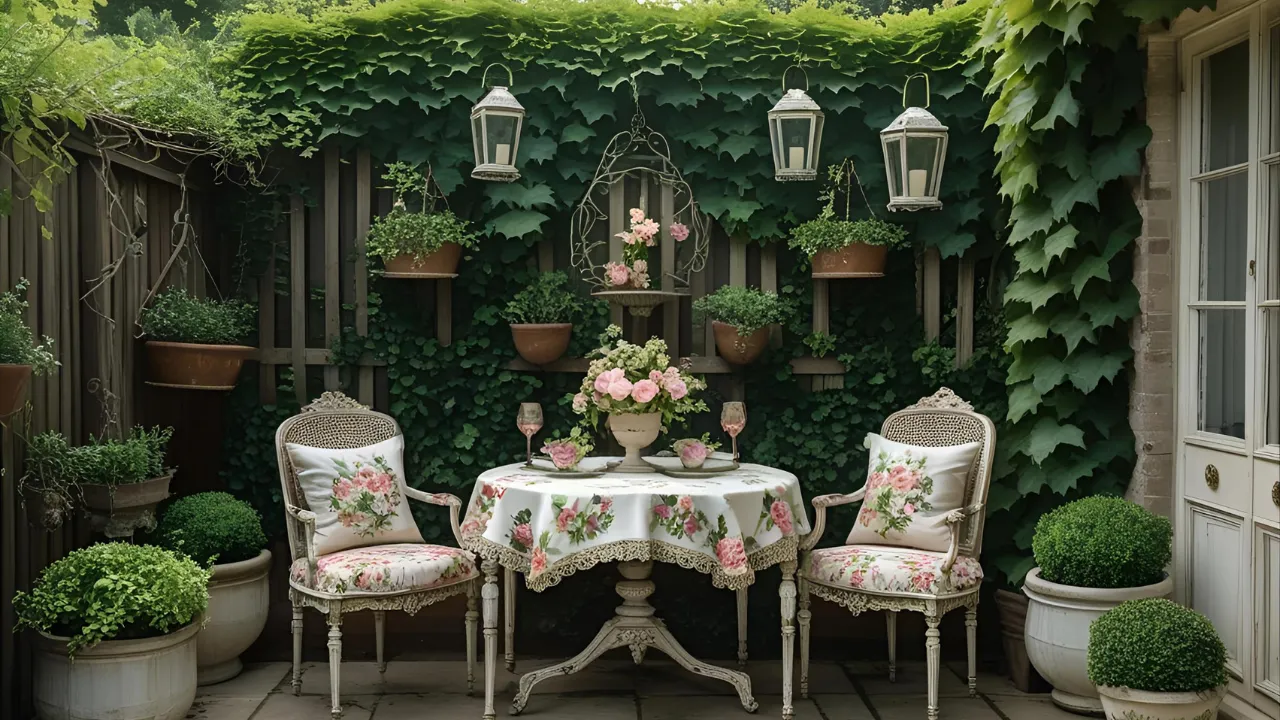 Vintage patio with antique decor and ivy