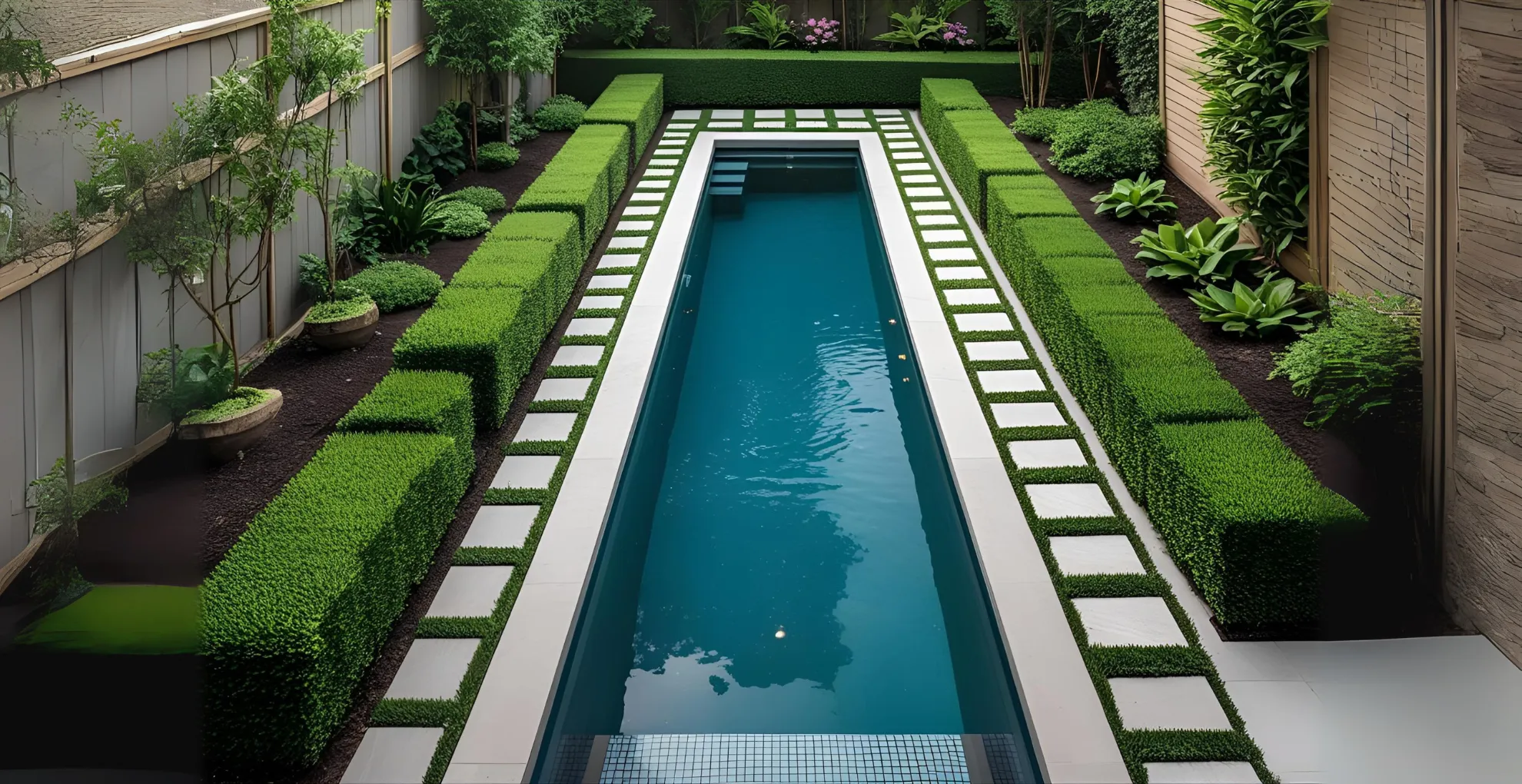 Narrow garden pool with stepping stone path