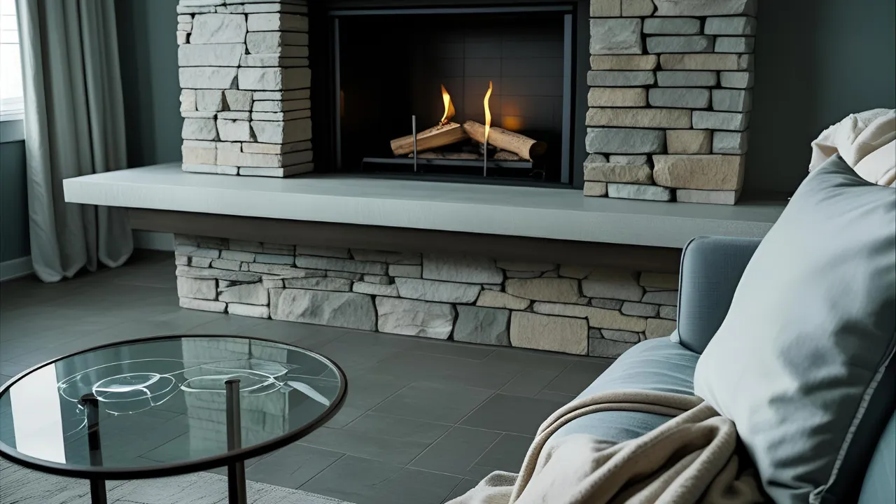 Textured surround fireplace in modern room.