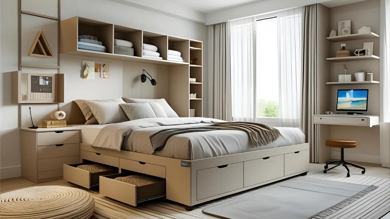 Bedroom with foldable desk and storage bed