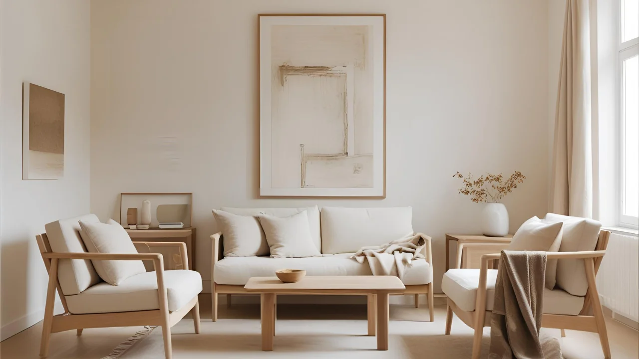 Airy living room with natural materials, clean lines, and cozy textures
