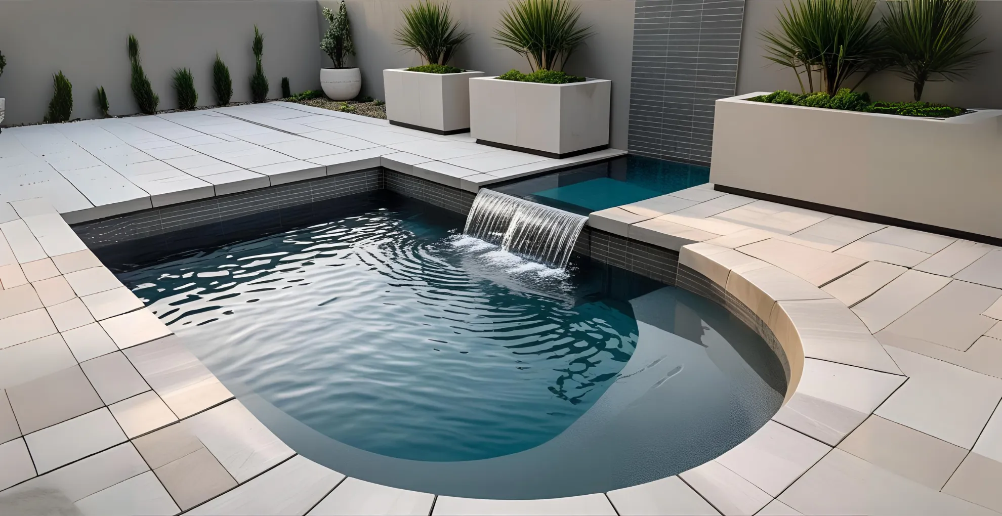 Raised-edge overflow pool with modern tiles