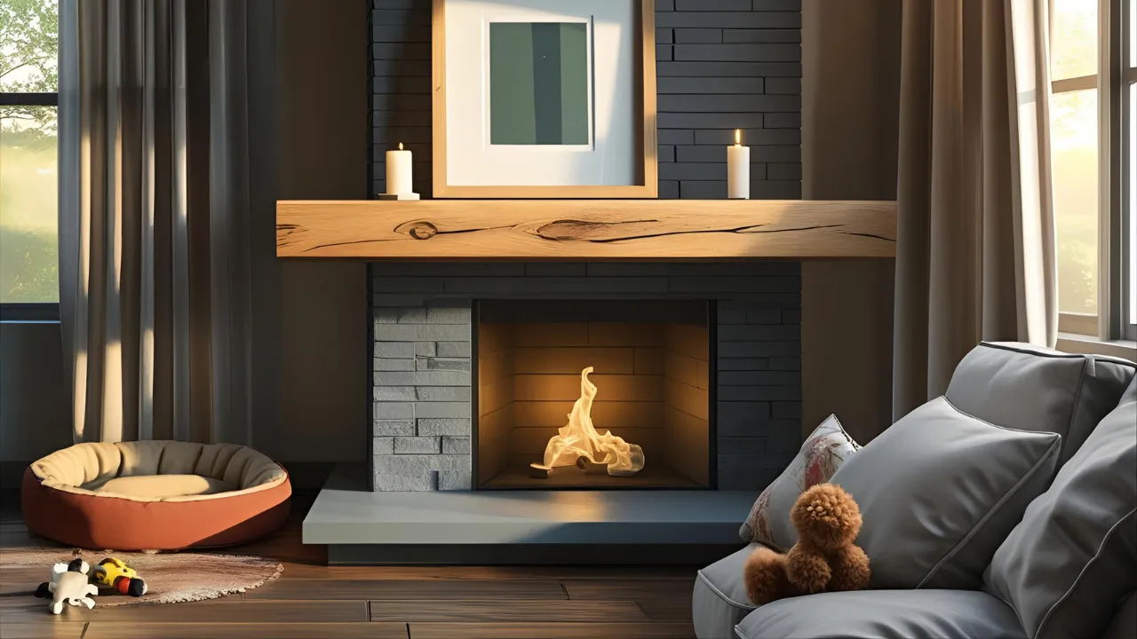 Modern fireplace with floating wood mantel.
