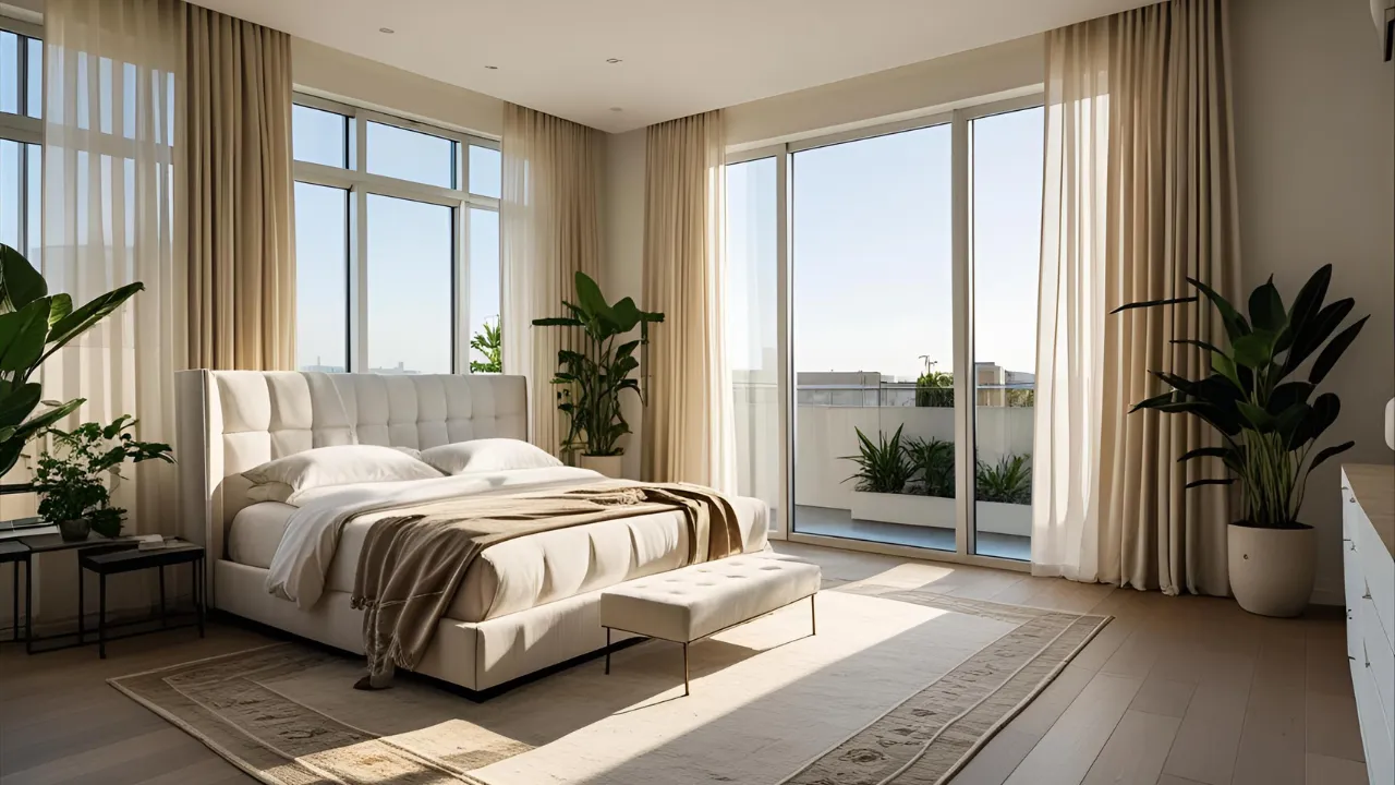 Bright bedroom with full windows and light-filled design