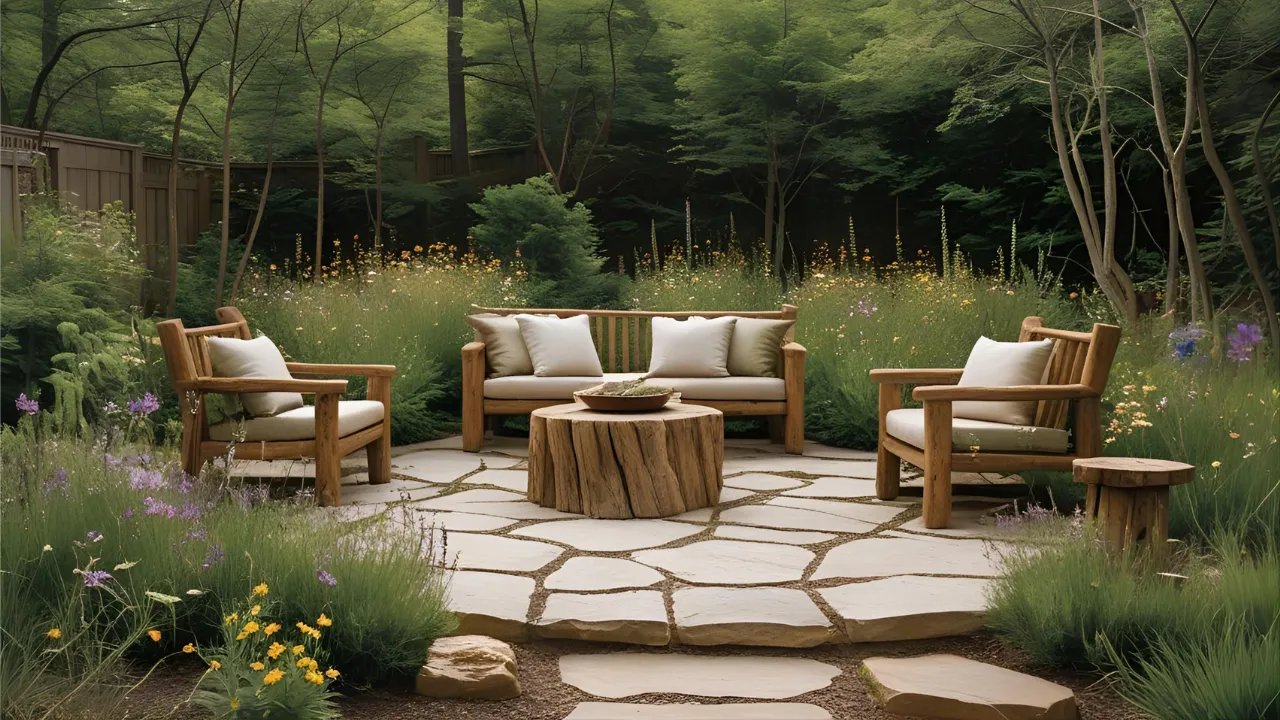 Natural backyard with rustic seating and greenery
