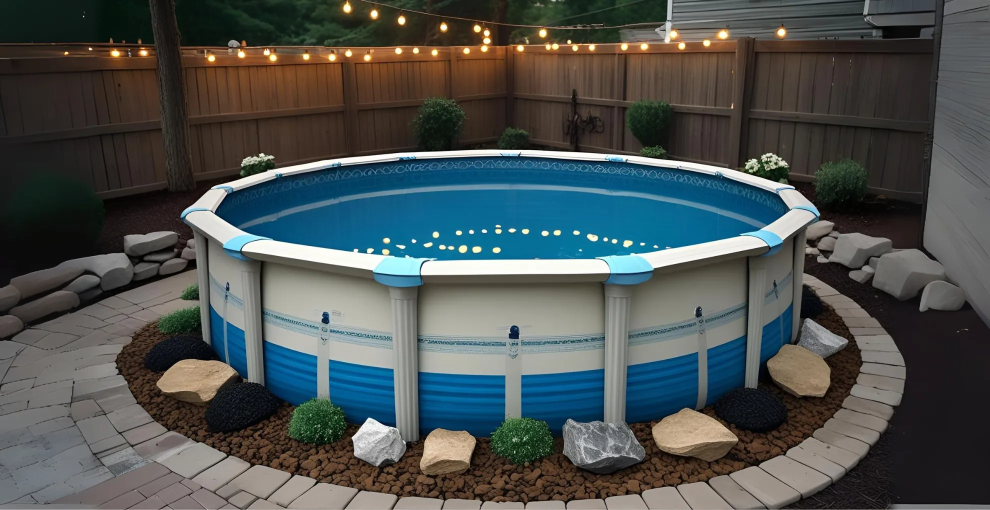 DIY above-ground pool with rock border