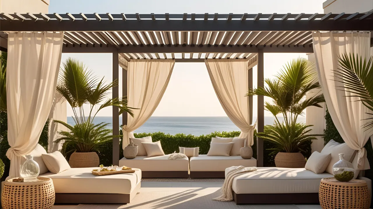 Resort-style patio with lounge beds and drapes