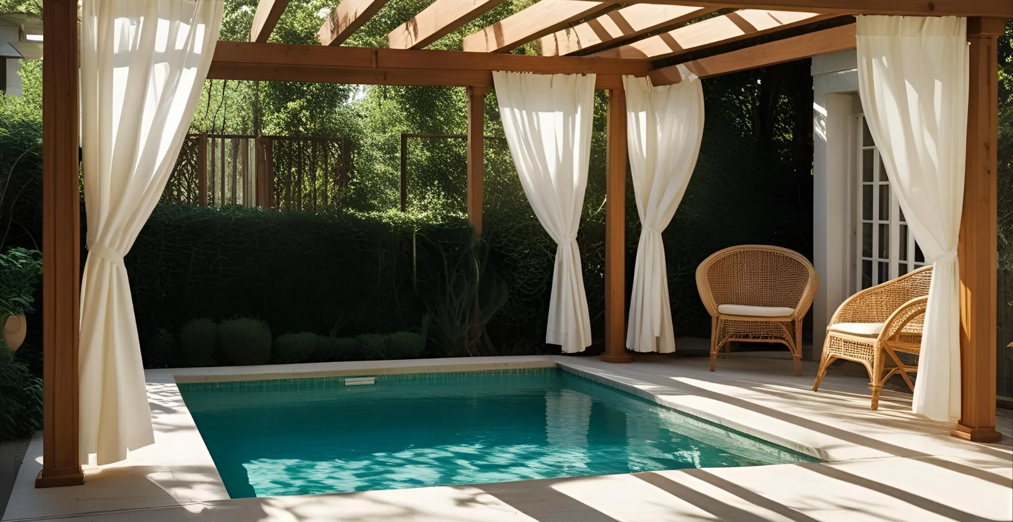 Shaded pool with pergola and curtains