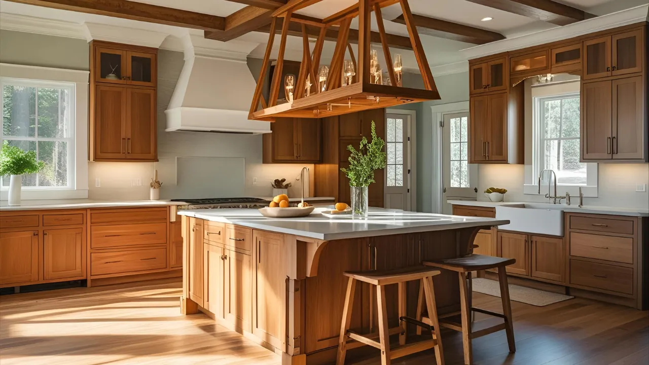 Wood-framed pendant lights in kitchen