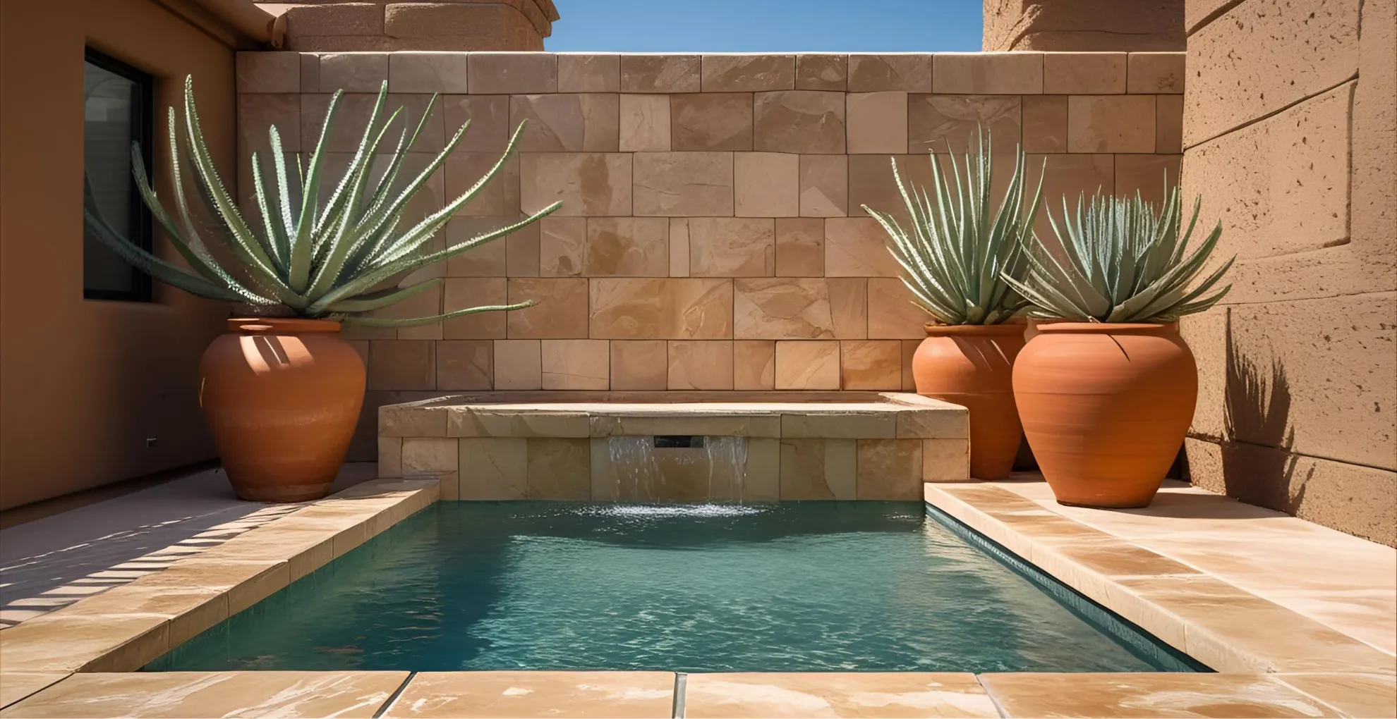 Backyard pool with cactus and desert stones