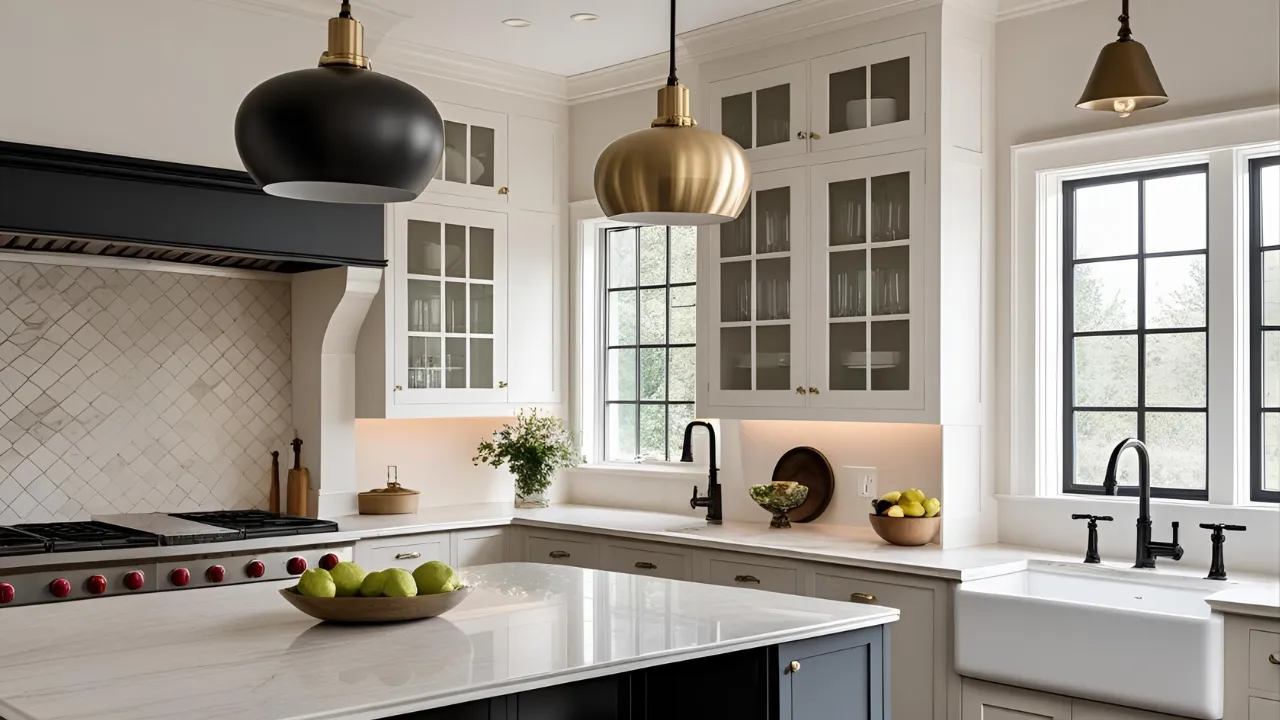 Black and brass light fixtures in kitchen