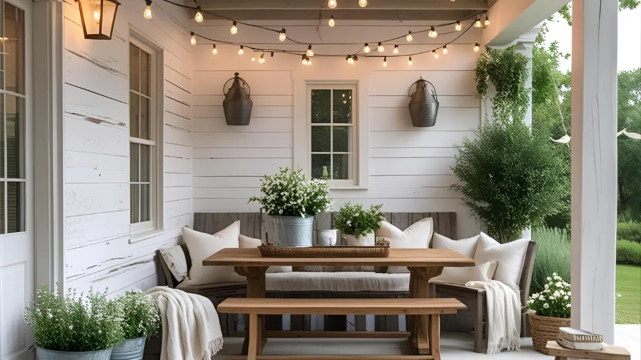 Farmhouse backyard with wood and white decor