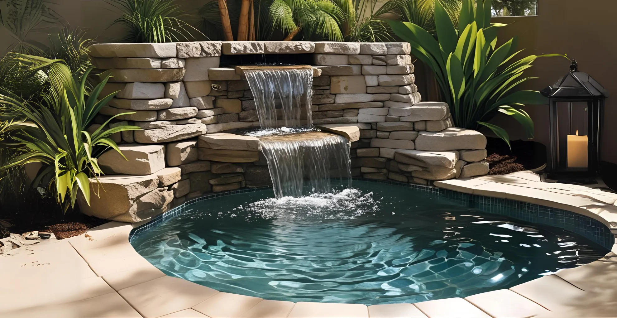 Compact pool with stone waterfall and tropical plants