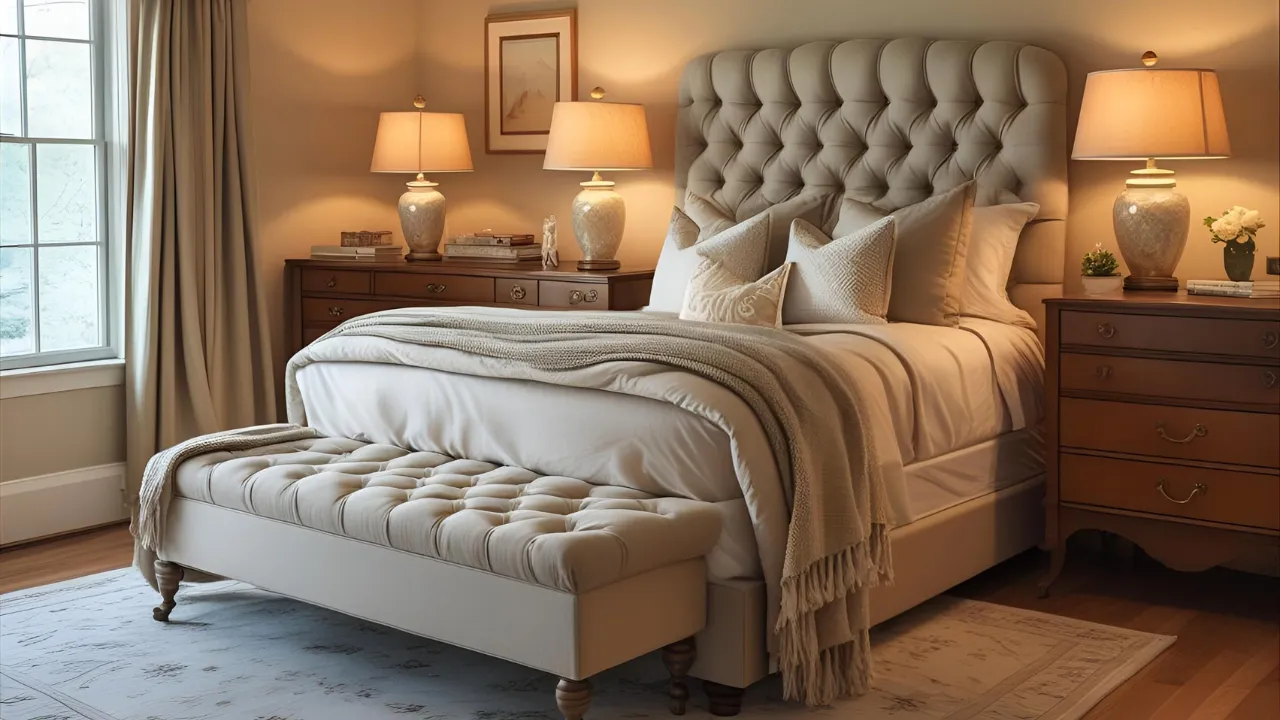 Cozy bedroom ideas with layered bedding and warm lighting