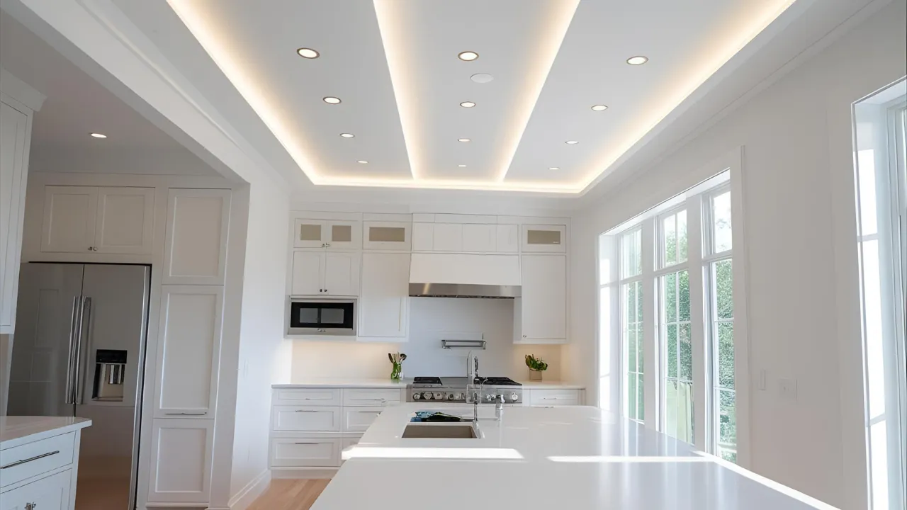 Recessed ceiling lights in modern kitchen