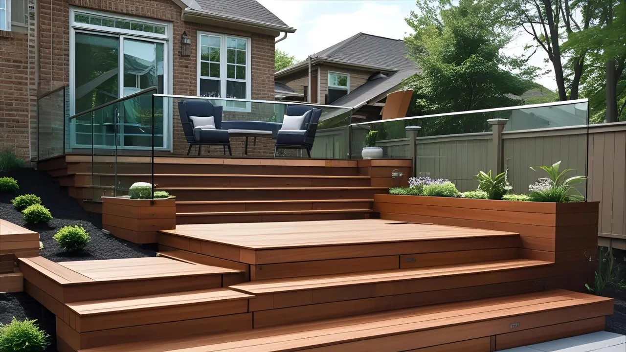 Raised deck patio with multi-level layout