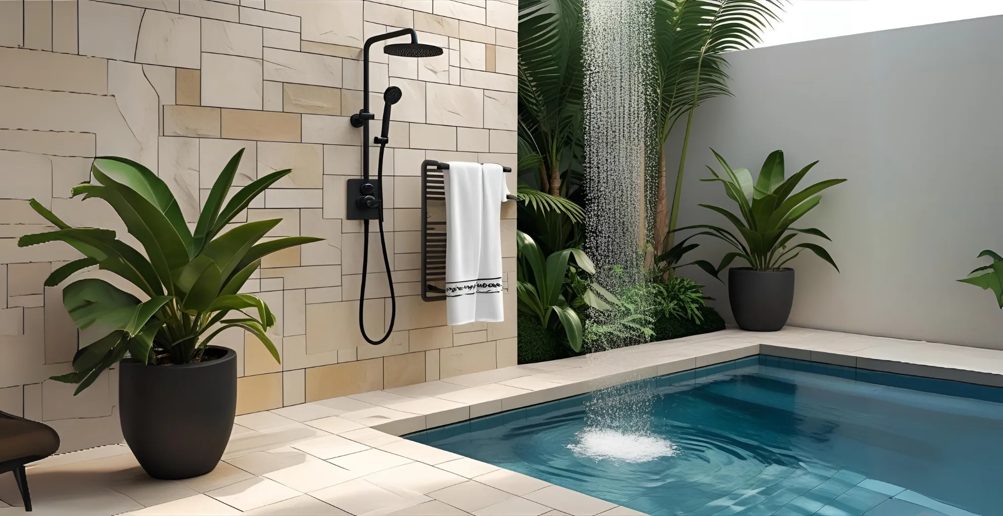 Outdoor shower beside small backyard pool