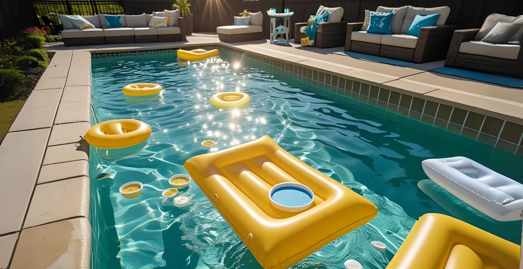 Small pool with floating chairs and tray