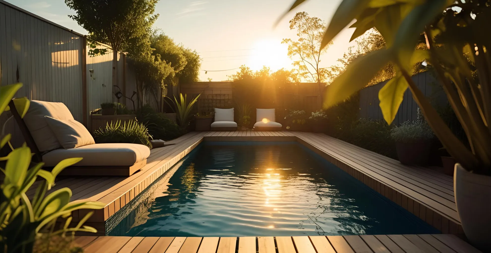 Small backyard pool with wooden deck and plants at sunset