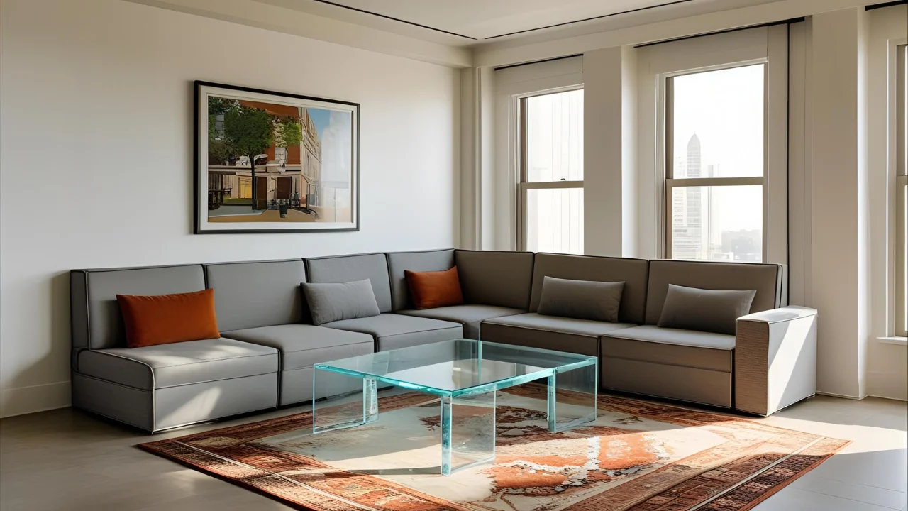 Spacious layout with transparent table, modular seating, and natural lighting