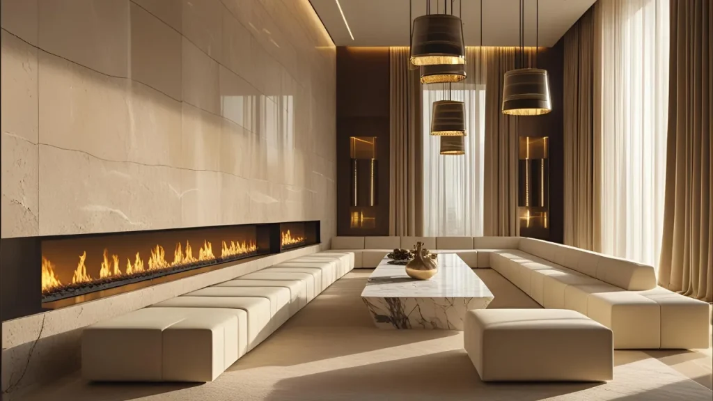 Linear fireplace under TV with soft furnishings.
